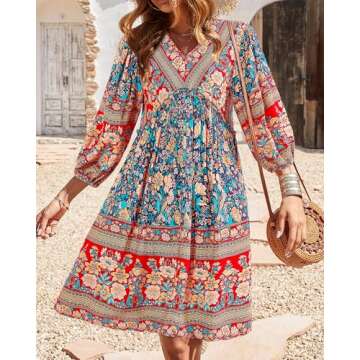 BTFBM Women Casual Summer Fall Dresses V Neck 3/4 Long Sleeve Ruffle Floral Flowy Boho Babydoll Mini Short Beach Dress(Floral Blue, Medium)