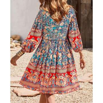 BTFBM Women Casual Summer Fall Dresses V Neck 3/4 Long Sleeve Ruffle Floral Flowy Boho Babydoll Mini Short Beach Dress(Floral Blue, Medium)