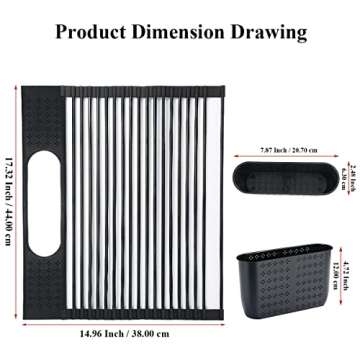 Berglander Black Dish Drying Rack Over The Sink, L17.5*W 15" Rollable Tianium Black Plating Stainles...