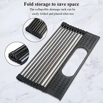 Berglander Black Dish Drying Rack Over The Sink, L17.5*W 15" Rollable Tianium Black Plating Stainless Steel Dish Rack with Removable Storage Basket, Perfect for Kitchen Sink