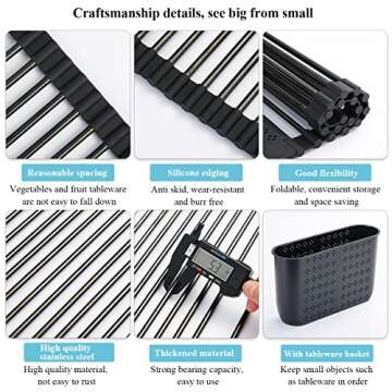 Berglander Black Dish Drying Rack Over The Sink, L17.5*W 15" Rollable Tianium Black Plating Stainless Steel Dish Rack with Removable Storage Basket, Perfect for Kitchen Sink