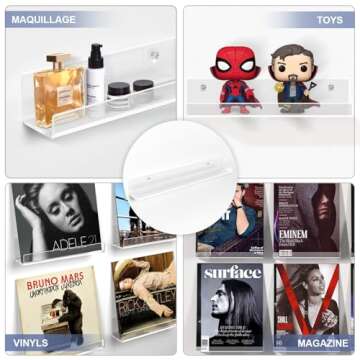 Laurensory Vinyl Record Shelf Wall Mount, 6 Pack Clear Acrylic Album Record Holder Display, Kids Bookshelf, Floating Wall Shelves for Bathroom, Bedroom, Living Room, Kitchen, 7 inch