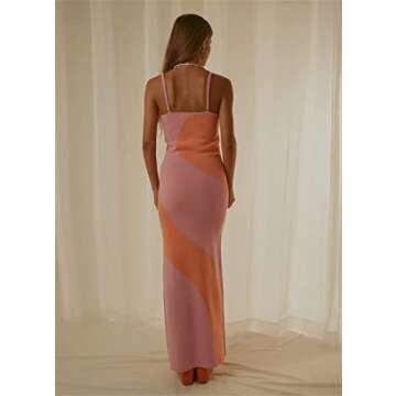 Yuemengxuan Women Knitted Backless Maxi Dress Hollow Out Spaghetti Strap Sexy Bodycon Long Summer Dress Party Beachwear (S, Pink& Orange)