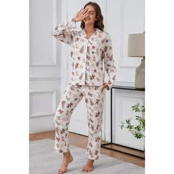 LUBOT Christmas Pajamas 100% Cotton Womens Pajamas Set Soft 2PC PJ Set for Women Long Sleeve Button-...