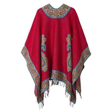 Urban CoCo Women's Printed Tassel Open Front Poncho Cape Cardigan Wrap Shawl (Red)