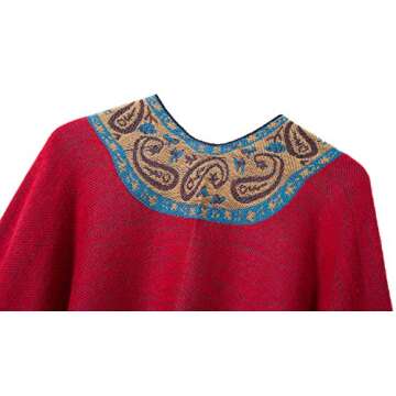 Urban CoCo Women's Printed Tassel Open Front Poncho Cape Cardigan Wrap Shawl (Red)