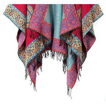 Urban CoCo Women's Printed Tassel Open Front Poncho Cape Cardigan Wrap Shawl (Red)