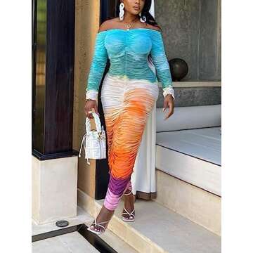 Famnbro Women's Sexy Off The Shoulder Long Sleeve Ruched Bodycon Maxi Dress Gradient Dresses Multi