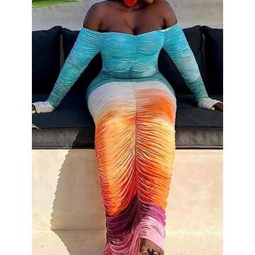 Famnbro Women's Sexy Off The Shoulder Long Sleeve Ruched Bodycon Maxi Dress Gradient Dresses Multi
