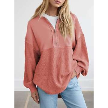 SHEWIN Womens Fall Fashion 2024 Casual Waffle Knit Half Zip Sweatshirt Long Sleeve Quarter Zipper Pullover Tops Oversized Sweatshrts,US 12-14(L),Brick Red