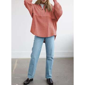 SHEWIN Womens Fall Fashion 2024 Casual Waffle Knit Half Zip Sweatshirt Long Sleeve Quarter Zipper Pullover Tops Oversized Sweatshrts,US 12-14(L),Brick Red