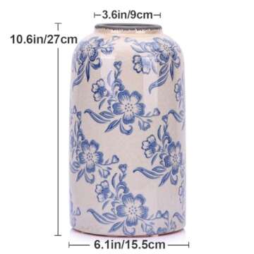Blue and White Floral Vase - 10.6" Vintage Ceramic Pottery Vase for Centerpieces, Rustic Farmhouse V...