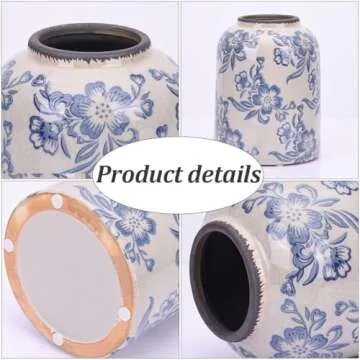 Blue and White Floral Vase - 10.6" Vintage Ceramic Pottery Vase for Centerpieces, Rustic Farmhouse Vase for Home Decor, Chinoiserie Decor Flower Vase, Chinoiserie Vase, Modern Farmhouse Vase