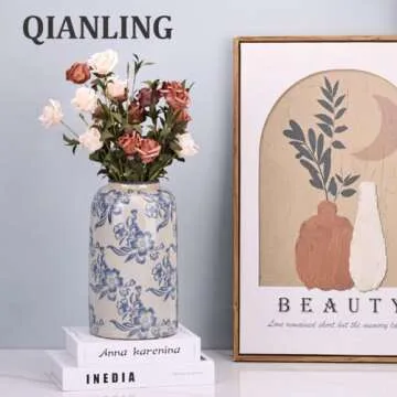 Blue and White Floral Vase - 10.6" Vintage Ceramic Pottery Vase for Centerpieces, Rustic Farmhouse Vase for Home Decor, Chinoiserie Decor Flower Vase, Chinoiserie Vase, Modern Farmhouse Vase