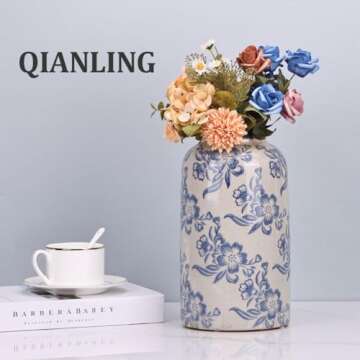 Blue and White Floral Vase - 10.6" Vintage Ceramic Pottery Vase for Centerpieces, Rustic Farmhouse Vase for Home Decor, Chinoiserie Decor Flower Vase, Chinoiserie Vase, Modern Farmhouse Vase