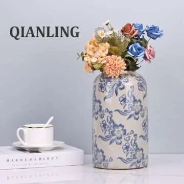Blue and White Floral Vase - 10.6" Vintage Ceramic Pottery Vase for Centerpieces, Rustic Farmhouse Vase for Home Decor, Chinoiserie Decor Flower Vase, Chinoiserie Vase, Modern Farmhouse Vase