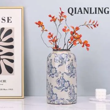 Blue and White Floral Vase - 10.6" Vintage Ceramic Pottery Vase for Centerpieces, Rustic Farmhouse Vase for Home Decor, Chinoiserie Decor Flower Vase, Chinoiserie Vase, Modern Farmhouse Vase