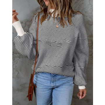 ZESICA Women's Fall Fashion Turtleneck Long Sleeve Striped Ribbed Knit Loose Pullover Sweater Tops,Carbon,Medium