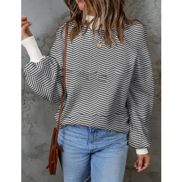 ZESICA Women's Fall Fashion Turtleneck Long Sleeve Striped Ribbed Knit Loose Pullover Sweater Tops,Carbon,Medium