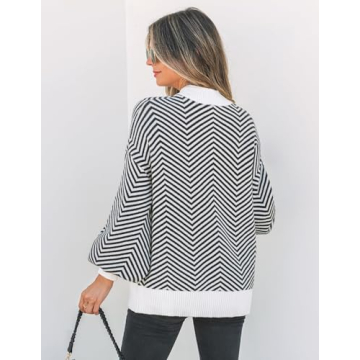 ZESICA Women's Fall Fashion Turtleneck Long Sleeve Striped Ribbed Knit Loose Pullover Sweater Tops,Carbon,Medium