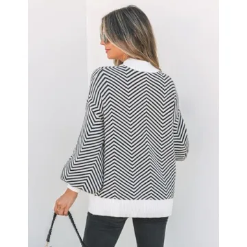 ZESICA Women's Fall Fashion Turtleneck Long Sleeve Striped Ribbed Knit Loose Pullover Sweater Tops,Carbon,Medium