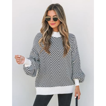 ZESICA Women's Fall Fashion Turtleneck Long Sleeve Striped Ribbed Knit Loose Pullover Sweater Tops,Carbon,Medium