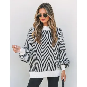 ZESICA Women's Fall Fashion Turtleneck Long Sleeve Striped Ribbed Knit Loose Pullover Sweater Tops,Carbon,Medium