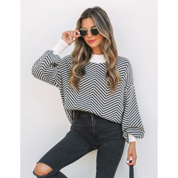 ZESICA Women's Fall Fashion Turtleneck Long Sleeve Striped Ribbed Knit Loose Pullover Sweater Tops,Carbon,Medium