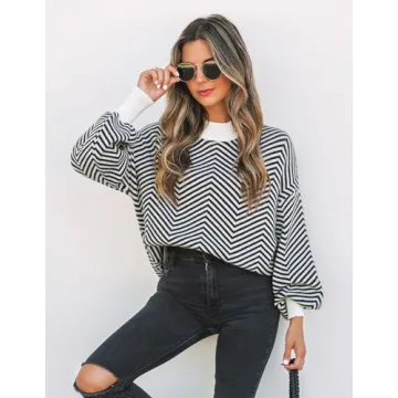 ZESICA Women's Fall Fashion Turtleneck Long Sleeve Striped Ribbed Knit Loose Pullover Sweater Tops,Carbon,Medium