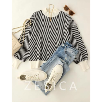 ZESICA Women's Fall Fashion Turtleneck Long Sleeve Striped Ribbed Knit Loose Pullover Sweater Tops,Carbon,Medium