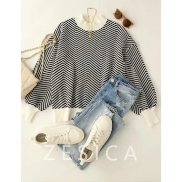 ZESICA Women's Fall Fashion Turtleneck Long Sleeve Striped Ribbed Knit Loose Pullover Sweater Tops,Carbon,Medium