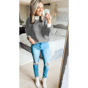 ZESICA Women's Fall Fashion Turtleneck Long Sleeve Striped Ribbed Knit Loose Pullover Sweater Tops,Carbon,Medium