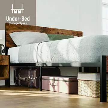 LIKIMIO Queen Bed Frame with Headboard, Strong Steel Slat Support, Tool-Free Assembly, Underbed Storage Space, No Box Spring Needed