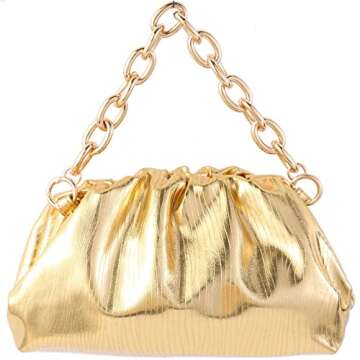 Women Dumpling Crossbody Bag Cloud Evening Bag Sparkly Clutch Purses Drawstring Strap Ruched Shoulder Bag (metal small gold)