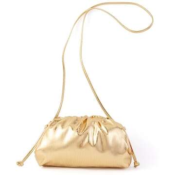 Women Dumpling Crossbody Bag Cloud Evening Bag Sparkly Clutch Purses Drawstring Strap Ruched Shoulder Bag (metal small gold)