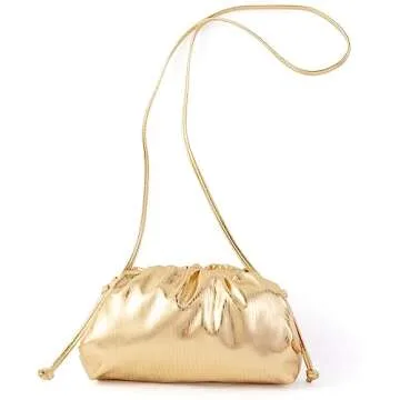 Women Dumpling Crossbody Bag Cloud Evening Bag Sparkly Clutch Purses Drawstring Strap Ruched Shoulder Bag (metal small gold)