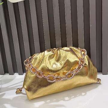 Women Dumpling Crossbody Bag Cloud Evening Bag Sparkly Clutch Purses Drawstring Strap Ruched Shoulder Bag (metal small gold)