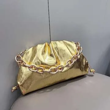 Women Dumpling Crossbody Bag Cloud Evening Bag Sparkly Clutch Purses Drawstring Strap Ruched Shoulder Bag (metal small gold)