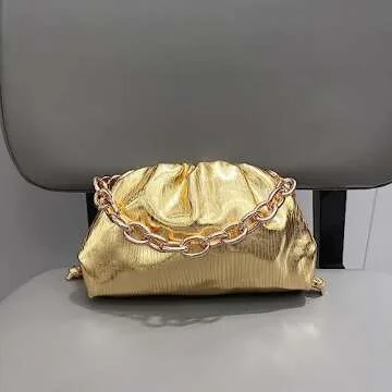 Women Dumpling Crossbody Bag Cloud Evening Bag Sparkly Clutch Purses Drawstring Strap Ruched Shoulder Bag (metal small gold)