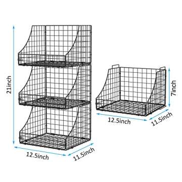 Storage Bins Closet Organizers and Storage 3 Pack, Rustic Stackable Metal Wire Basket for Clothes Toys Snacks, Open Pantry Baskets for Countertop Cabinet Living Room Black, 11.5x11.5x21inch