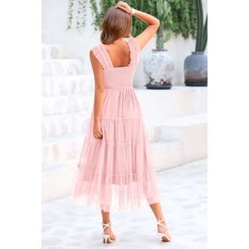 PRETTYGARDEN Women's Summer Midi Tulle Dress Sleeveless Smocked Square Neck Ruffle Flowy Party Weddi...