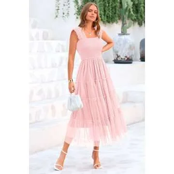 PRETTYGARDEN Women's Summer Midi Tulle Dress Sleeveless Smocked Square Neck Ruffle Flowy Party Wedding Guest Sundress (Light Pink,Medium)