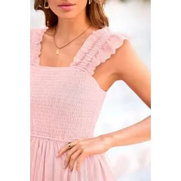 PRETTYGARDEN Women's Summer Midi Tulle Dress Sleeveless Smocked Square Neck Ruffle Flowy Party Wedding Guest Sundress (Light Pink,Medium)