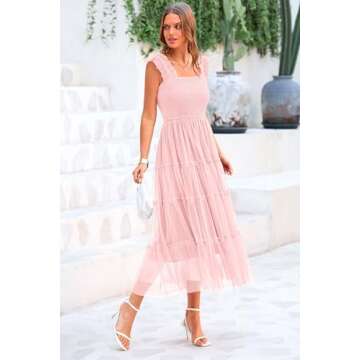 PRETTYGARDEN Women's Summer Midi Tulle Dress Sleeveless Smocked Square Neck Ruffle Flowy Party Wedding Guest Sundress (Light Pink,Medium)