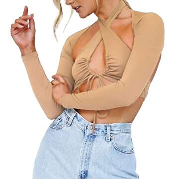 Susupeng Women Halter Cross Self-Tie 2 Piece Long Sleeve Crop Tops Ribbed Drawstring Lace Up Front Cut Out Tee Tops(Small, Khaki)