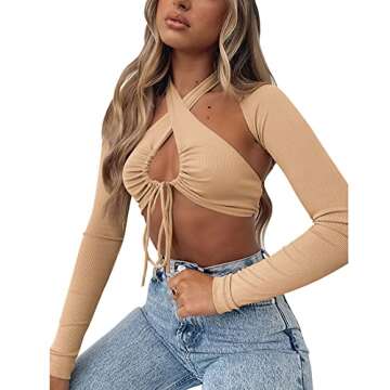 Susupeng Women Halter Cross Self-Tie 2 Piece Long Sleeve Crop Tops Ribbed Drawstring Lace Up Front Cut Out Tee Tops(Small, Khaki)