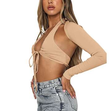 Susupeng Women Halter Cross Self-Tie 2 Piece Long Sleeve Crop Tops Ribbed Drawstring Lace Up Front Cut Out Tee Tops(Small, Khaki)