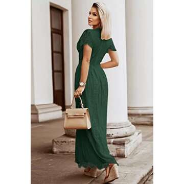 MEROKEETY Women's 2024 V Neck Short Sleeve Floral Lace Wedding Dress Bridesmaid Cocktail Party Maxi Dress, DarkGreen, Large