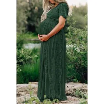 MEROKEETY Women's 2024 V Neck Short Sleeve Floral Lace Wedding Dress Bridesmaid Cocktail Party Maxi Dress, DarkGreen, Large