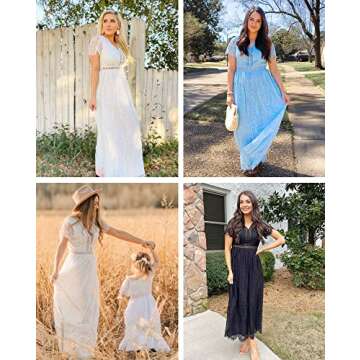 MEROKEETY Women's 2024 V Neck Short Sleeve Floral Lace Wedding Dress Bridesmaid Cocktail Party Maxi Dress, DarkGreen, Large